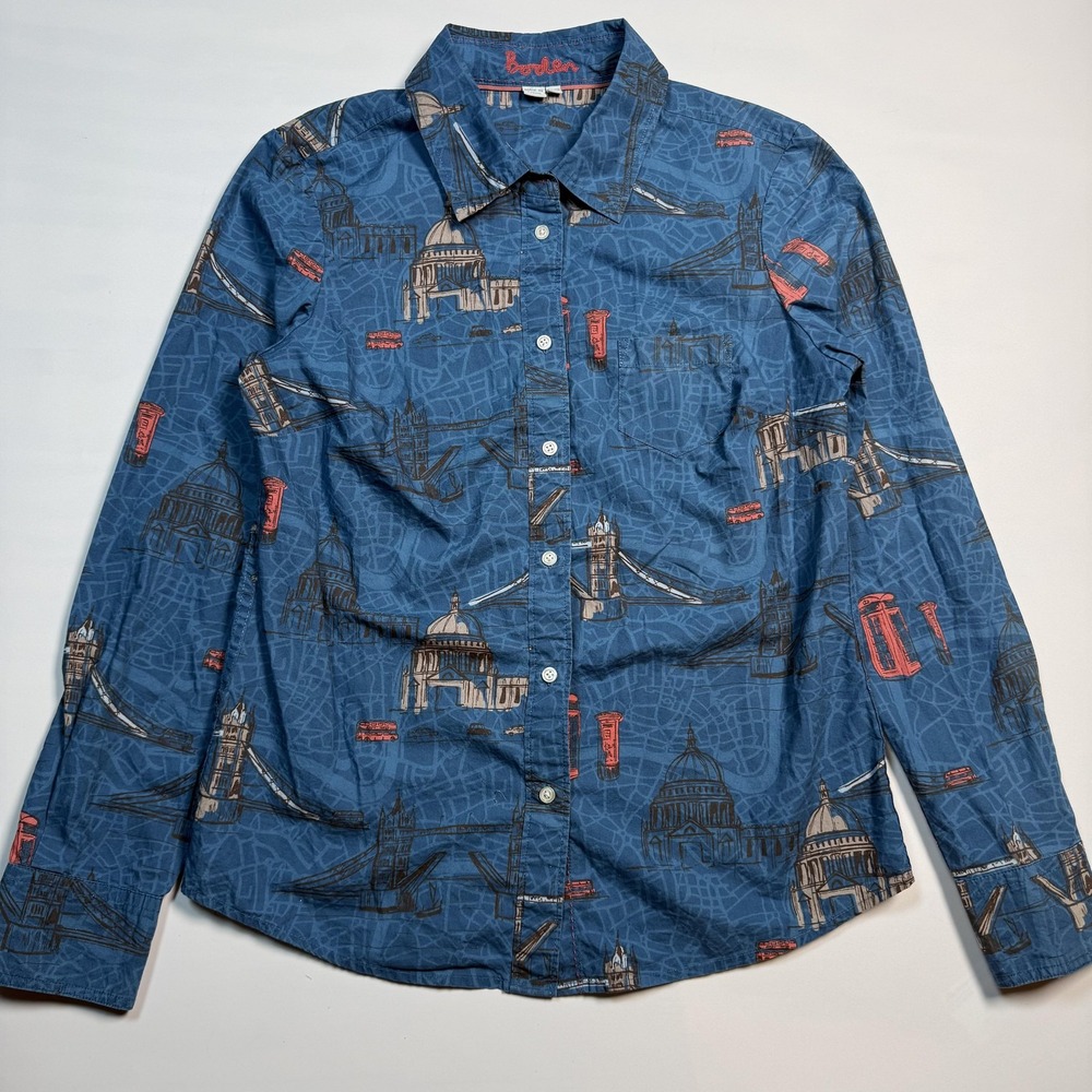 Boden London City Print Button Front Cotton Shirt Womens 6 Blue